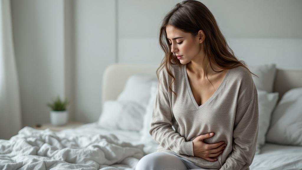 Femme souffrant de douleurs abdominales pendant les règles, illustration de malaise menstruel